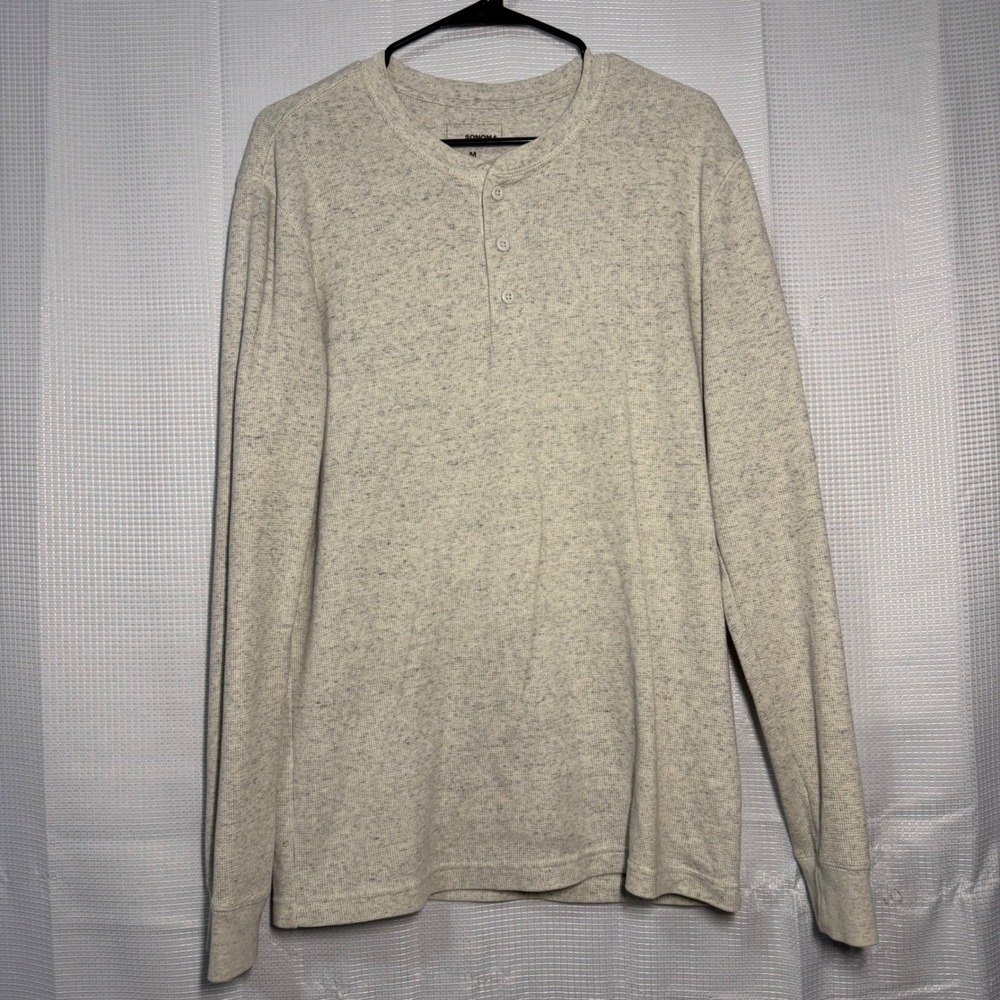 Sonoma‎ Henley Shirt Medium Oatmeal Heather Waffle Knit Thermal Long Sleeve
